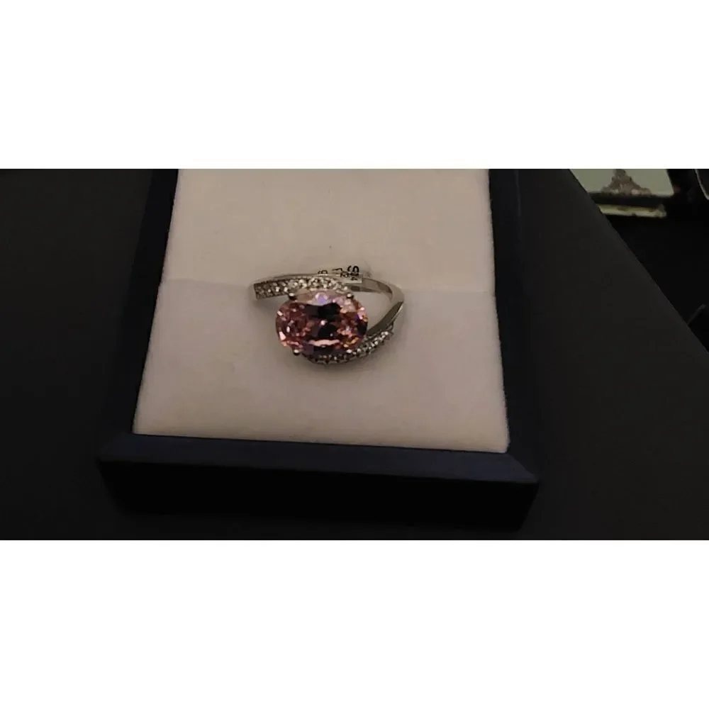 Gorgeous 3.5 Ct. Oval Pink Sapphire & White Topaz Gemstone Bypass Ring Sz 8~.925